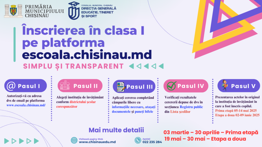 Procesul de înscriere și instrucțiunile de aplicare pentru clasa I pe platforma www.escoala.chisinau.md